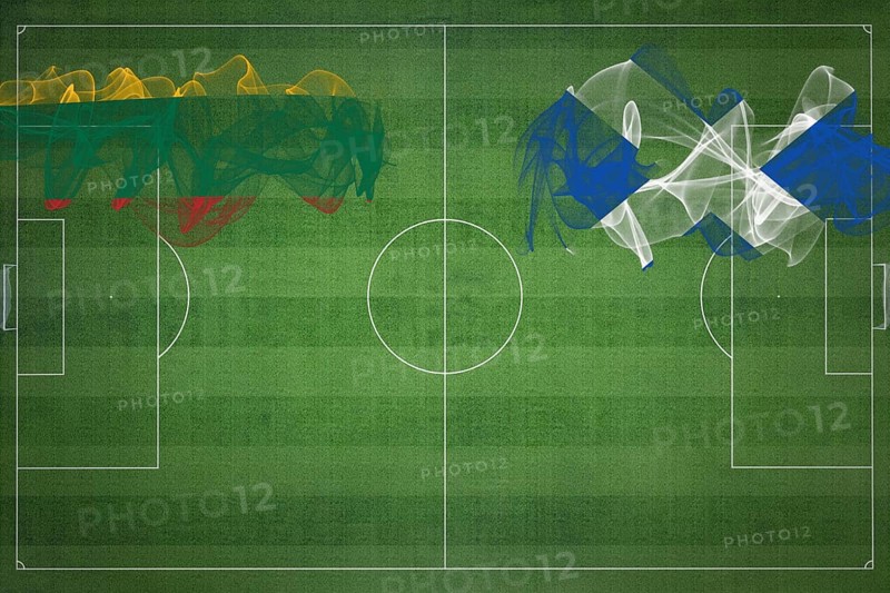 Lithuania vs Scotland Soccer Match, national colors, national flags, soccer field, football game, Competition concept, Copy space