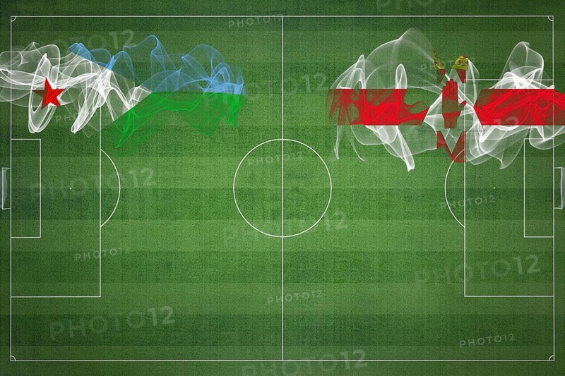 Djibouti vs Northern Ireland Soccer Match, national colors, national flags, soccer field, football game, Competition concept, Copy space