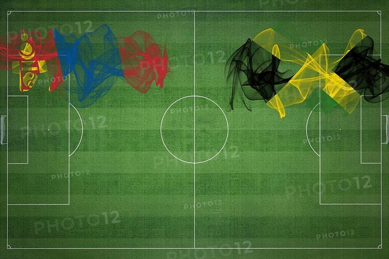 Mongolia vs Jamaica Soccer Match, national colors, national flags, soccer field, football game, Competition concept, Copy space
