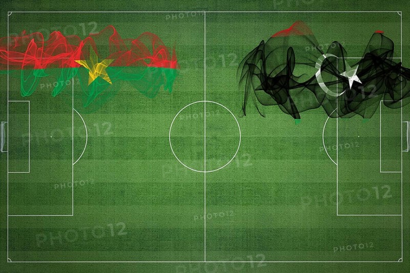 Burkina Faso vs Libya Soccer Match, national colors, national flags, soccer field, football game, Competition concept, Copy space