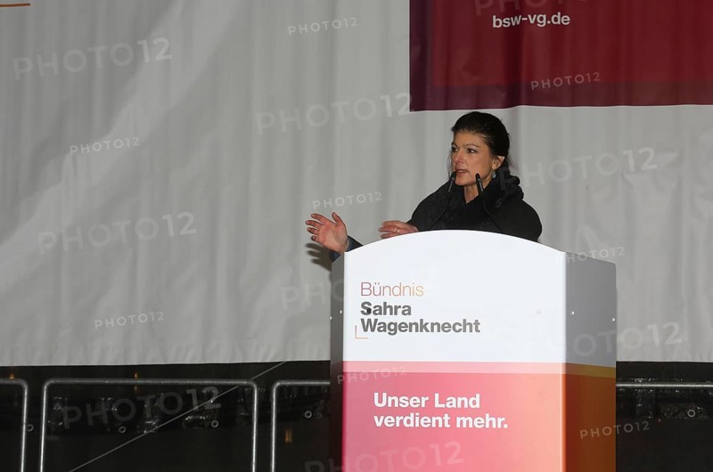 Politician Sahra Wagenknecht speaking at a rally during the 2025 election campaign. Munich, Germany, Europe