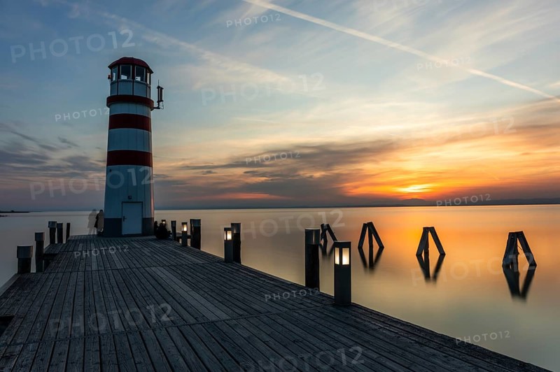 Lighthouse at sunset, long exposure, Podersdorf am See, Lake Neusiedl, Burgenland, Austria, Europe
