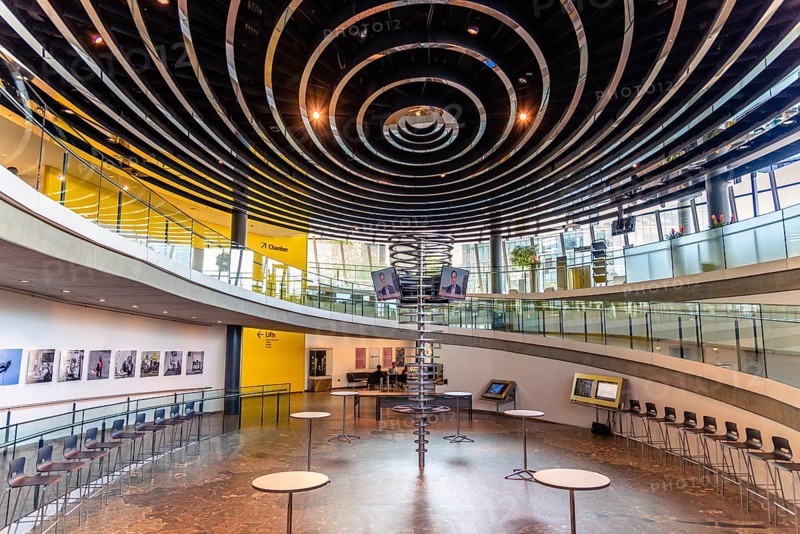 London, UK, May 14, 2019: Interior view of City Hall of London designed by Norman Foster. Low angle view against sky