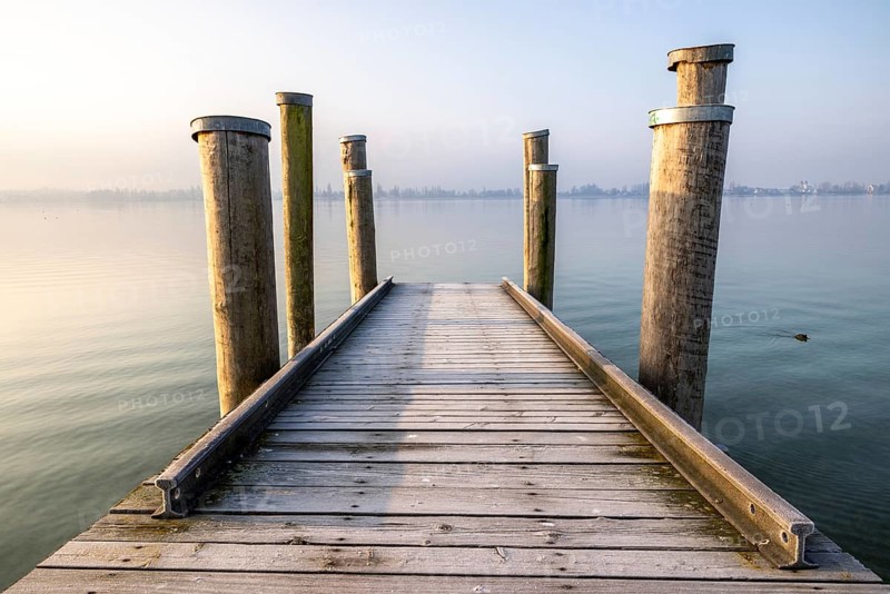 A narrow wooden jetty with posts juts out into a misty, calm lake, harbour, Allensbach, Baden-Württemberg, Germany, Europe