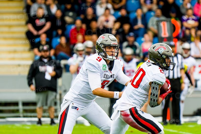 European League of Football, ELF/ Game : Cologne Centurions at Frankfurt Galaxy on July. 01. 2023, in the PSD Bank Arena, Frankfurt, Germany Cologne Centurions, QB # 9 Judd Erickson, RB # 20 Gerald Ameln