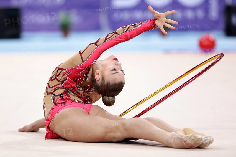 Sofia, Bulgaria - 1 April, 2018: Aleksandra Soldatova Russia performs with hoop during Rhythmic Gymnastics World Cup Sofia 2018. Individual tournament