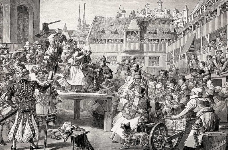Performance of a carnival parody by Hans Sachs, Heilsbronner Hof, Nuremberg, Germany, Europe, 16th century, Europe
