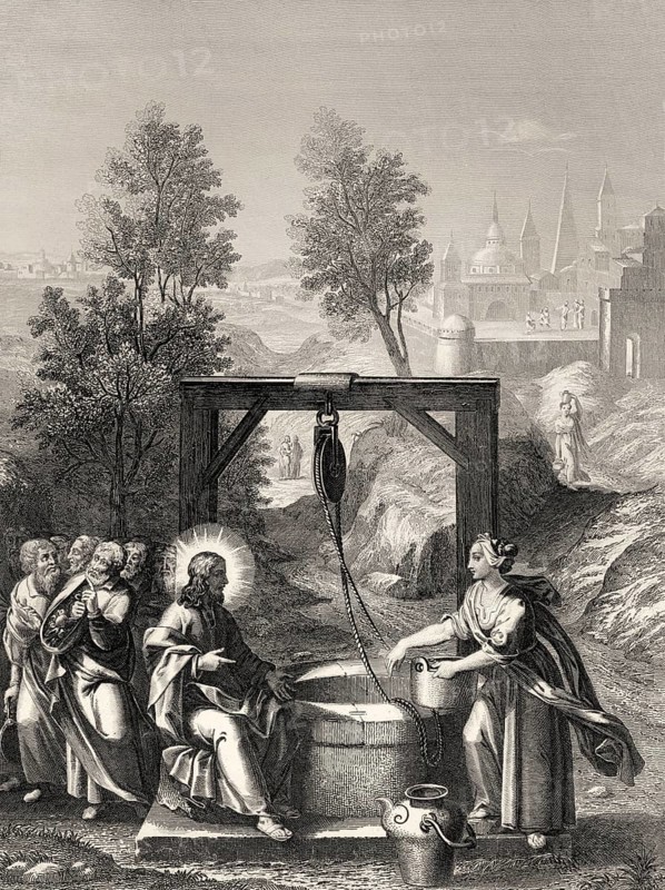 Jesus talks with a Samaritan woman, New Testament, Steel engraving 1853, digitally restored