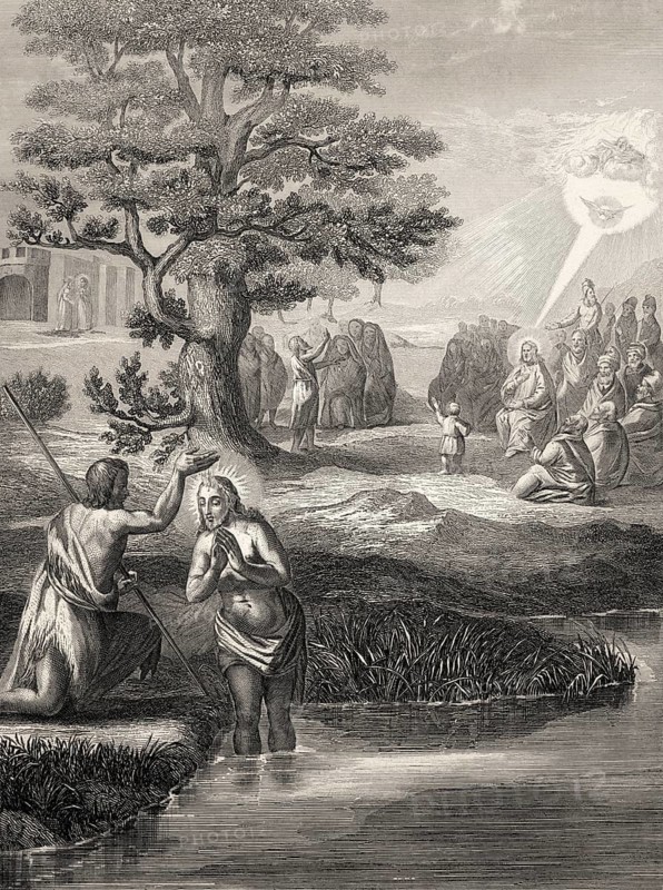 Baptism of Jesus by John the Baptist at the Jordan river, Steel engraving 1853, digitally restored