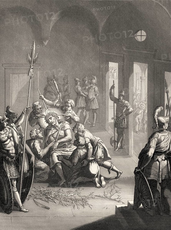 Christ is crowned with thorns, New Testament, steel engraving 1853, digitally restored