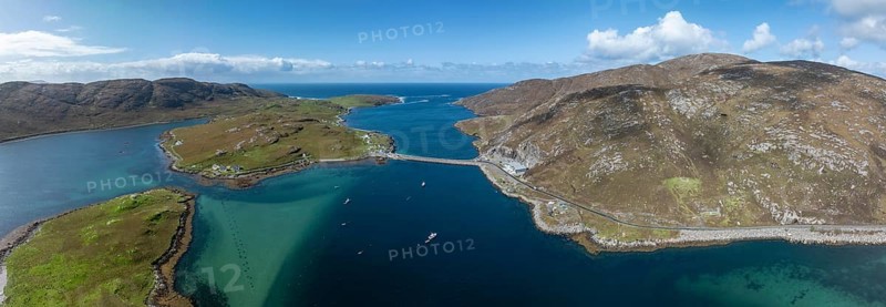 Causeway, causeway to Vatersay, drone shot, Caolas, Isle of Barra, Hebrides, Scotland, Great Britain