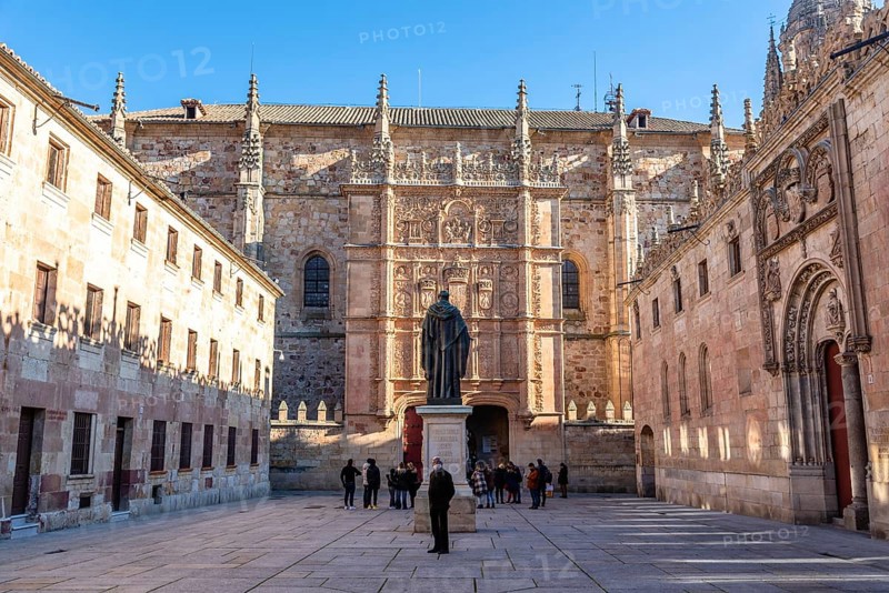 Salamanca, Spain, January 14, 2022: The University of Salamanca. The oldest university in Spain. Patio of Escuelas and Fray Luis de Leon statue, Europe