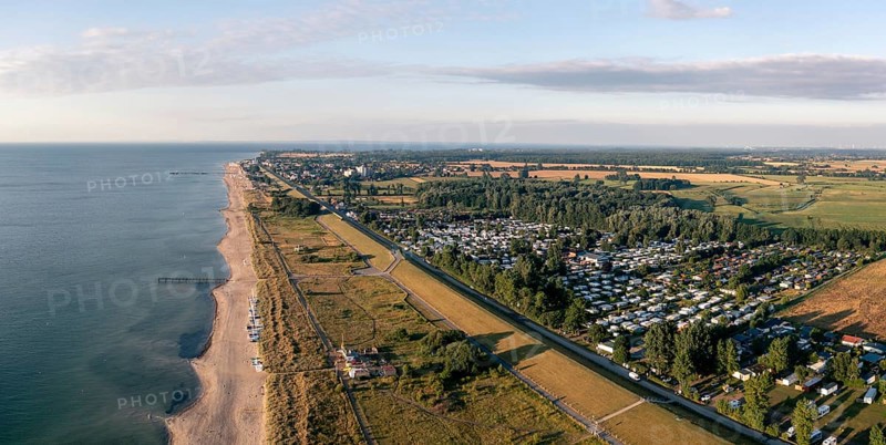 Dahme, Germany, July 31, 2021: Aerial drone view of Dahme Beach in Schleswig-Holstein, Europe