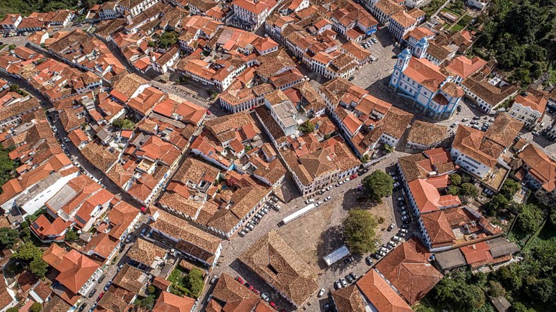 Close-up aerial view in sunshine of the historic center of Diamantina, Minas Gerais, Brazil, South America