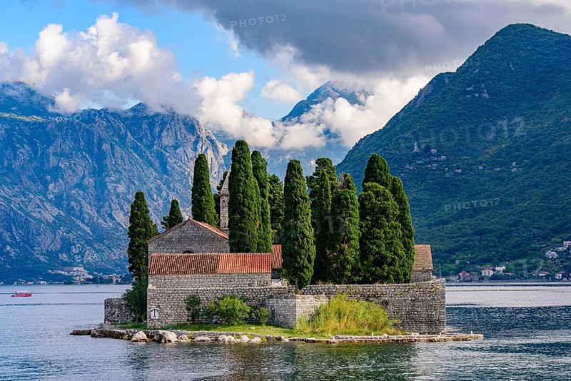 Island of Saint George, an islet off the coast of Perast in the Bay of Kotor, Montenegro, Europe