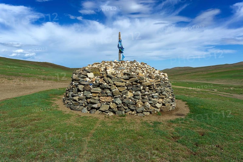 Sacred stone heap, Ovoo, oboo, or obo, used as altar or shrine in Mongolia