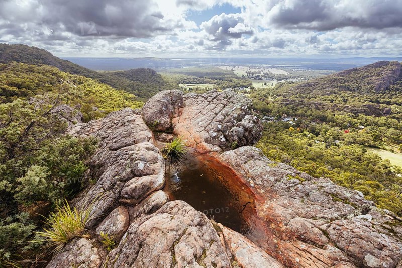 Iconic views from Chatauqua Peak over Halls Gap and surrounds on a warm autumn sunny day in Victoria, Australia, Oceania