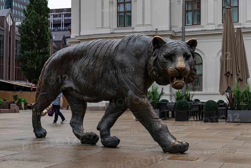 A picture of the iconic Tiger statue of Oslo, at the Jernbanetorget Square. Designed by Elena Engelsen in 2000