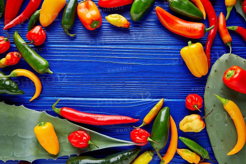 Mexican hot chili peppers colorful mix habanero poblano serrano jalapeno blue background