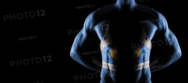 Louisiana flag on muscled male torso with abs, Louisiana bodybuilding concept, black background