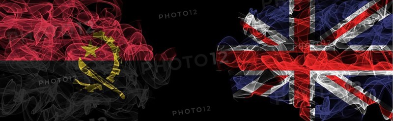 Flags of Angola and United Kingdom on Black background, Angola vs United Kingdom Smoke Flags
