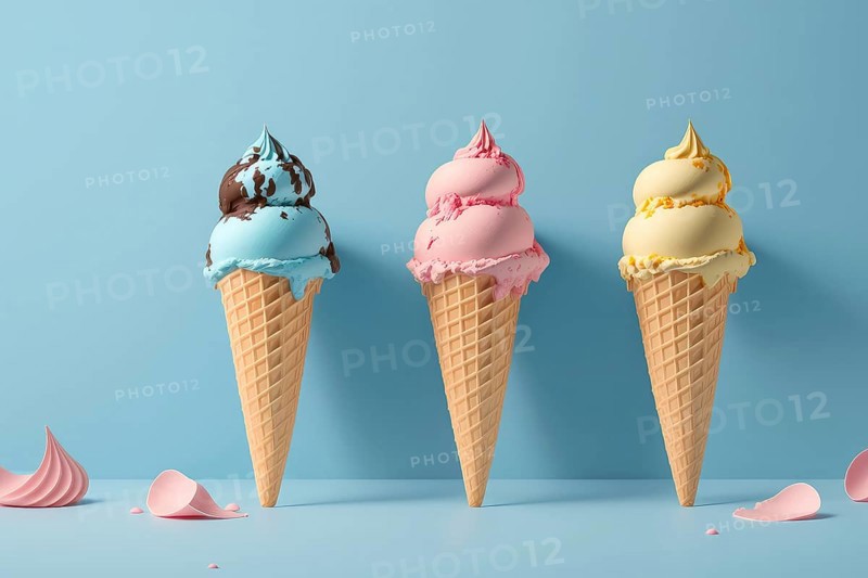 Illustration 3d render of melting summer ice cream in a cone on a pastel background, multicolored ice cream, delicious, mouthwatering, illustration