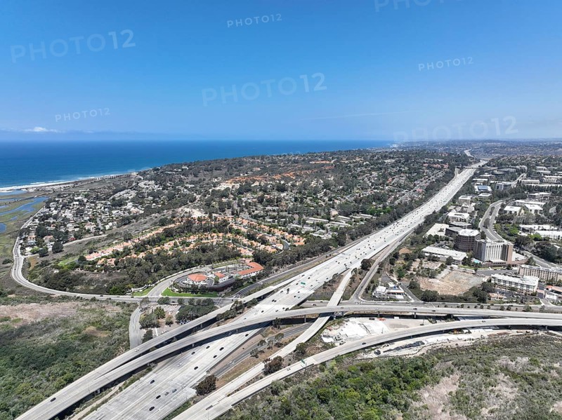 Aerial view of highway interchange and junction, San Diego Freeway interstate 5, California, USA, North America