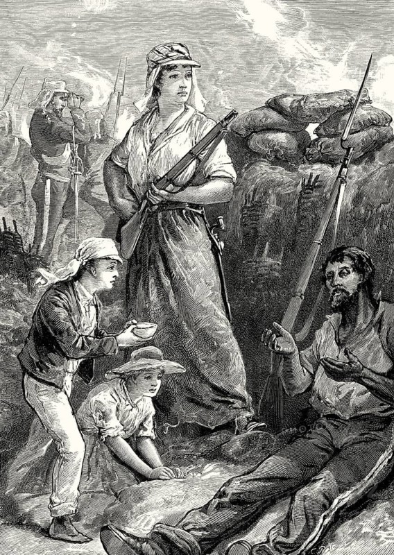 A woman fighting with a rifle, Indian Rebellion of 1857