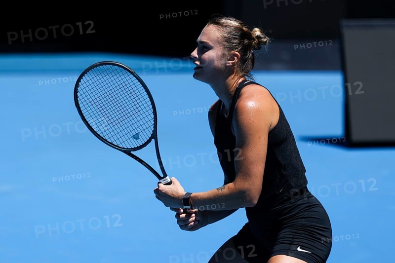 MELBOURNE, AUSTRALIA, JANUARY 12: Aryna Sabalenka of Belarus practices with Paula Badosa of Spain ahead of the 2024 Australian Open at Melbourne Park on January 12, 2024 in Melbourne, Australia, Oceania