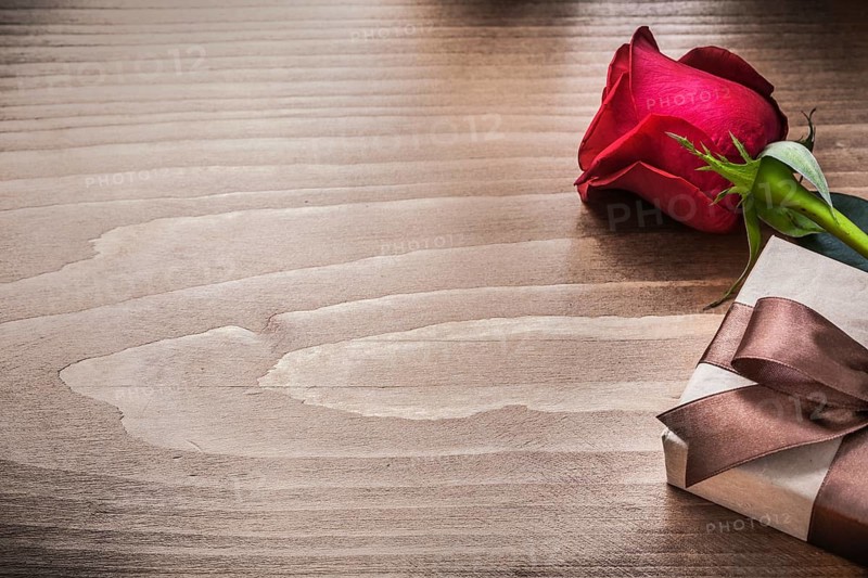 Packed present with brown ribbon red rose holiday concept