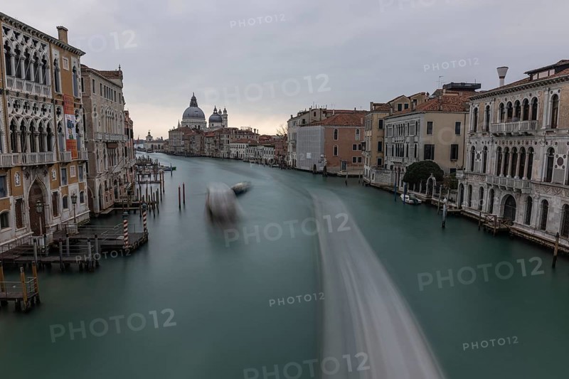 View of the Grand Canal from the Ponte dell' Accademia, Basilica of Santa Maria della Salute, long exposure, Venice, Italy, Europe