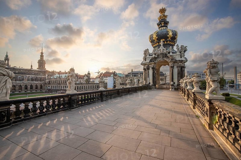 The Dresden Zwinger, a landmark of baroque architecture. Historic buildings in the style of a palace, orangery at sunrise in the morning in the city of Dresden, Saxony, Germany, Europe