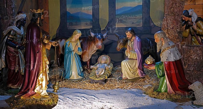Christmas cot, Holy Family, Three Wise Men, Parish Church of St Peter and Paul, Dieburg, Hesse, Germany, Europe