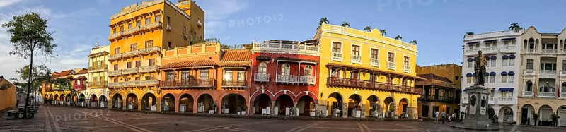 Panorama of an ensemble of colorful historic buildings on a sunny day in Cartagena, Colombia, Unesco World Heritage, South America