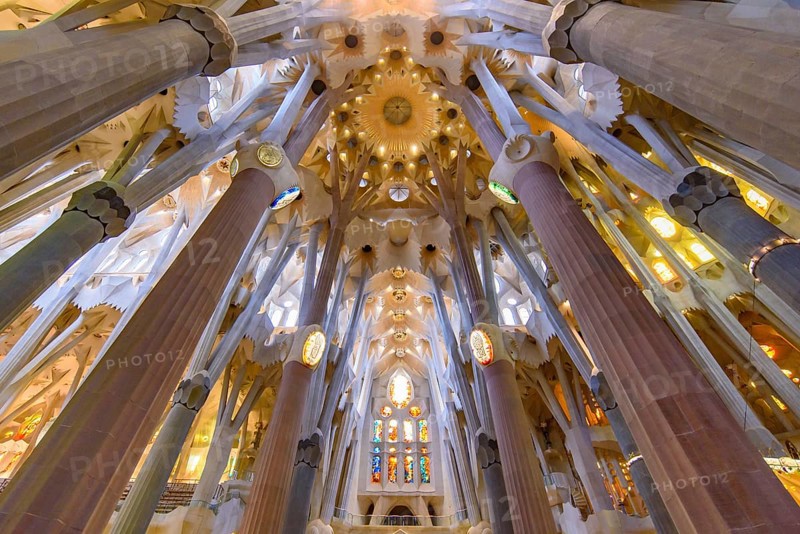 The interior of Sagrada Familia (Church of the Holy Family), the cathedral designed by Gaudi in Barcelona, Spain, Europe