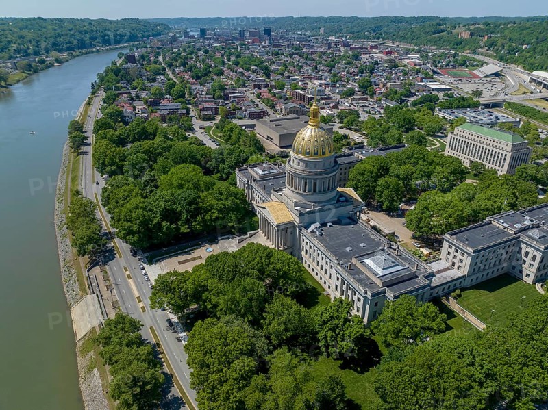 Aerial view of the West Virginia State Capitol which is the seat of government for the U.S. state of West Virginia, and houses the West Virginia Legislature and the office of the Governor of West Virginia