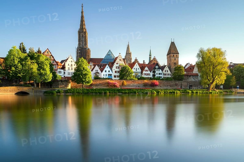 Panorama of City Ulm with Minster Danube and Metzgerturm in spring