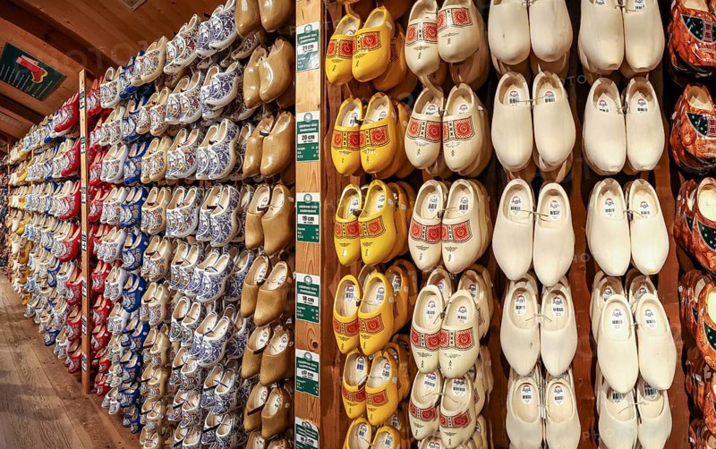 Traditional historical Dutch clog angle (clogs, wooden shoes) on a shelf in museum village, Open Air Museum Zaanse Schans, Zaanse Schans, Zaandam, North Holland, Netherlands, Holland