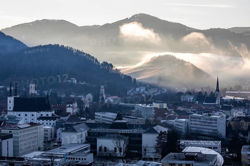 Morning atmosphere and morning fog over the Calvary, churches of Leoben, Leoben, Styria, Austria, Europe