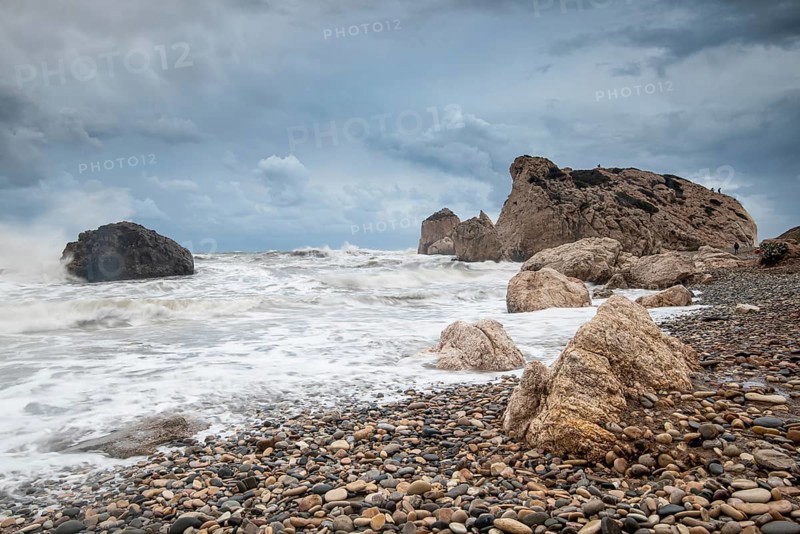 Seascape with windy waves during stormy weather at the rocky coastal area of the Rock of Aphrodite Petra tou romiou, in Paphos, Cyprus, Europe