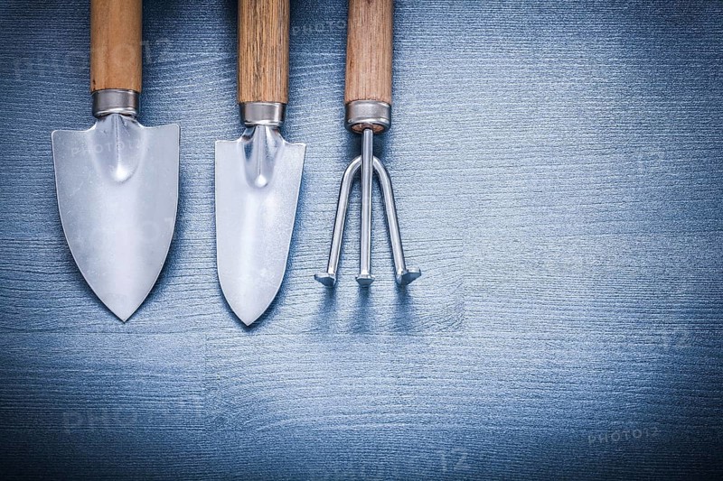 Two garden spades and fork