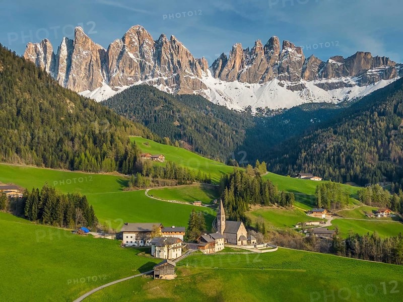 Spring landscape with Santa Magdalena village, Italian Dolomites Alps, in South Tyrol, Val di Funes, Italy, Europe