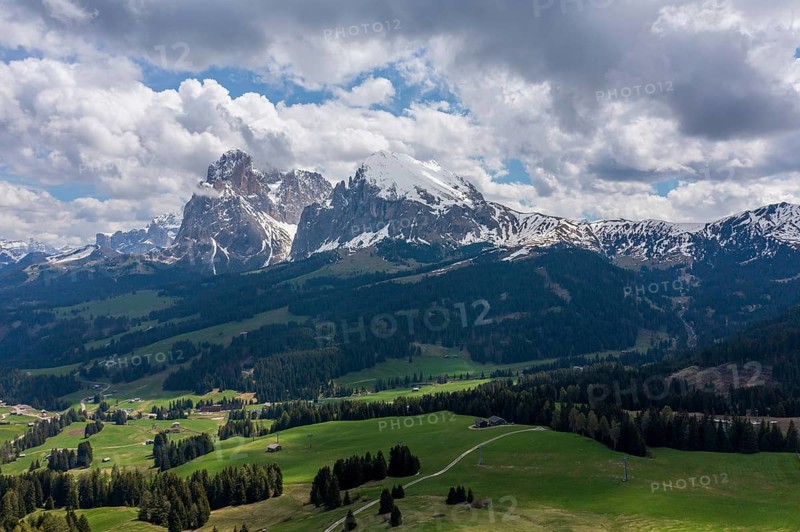 Panoramic view from the Seiser Alm to the Dolomites in Italy, drone shot