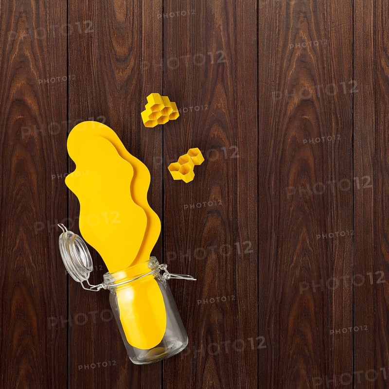 Creative concept still life food health photo of bottle jar of honey made of paper on wooden background