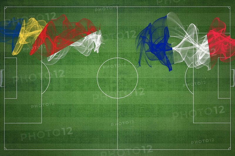 Seychelles vs France Soccer Match, national colors, national flags, soccer field, football game, Competition concept, Copy space