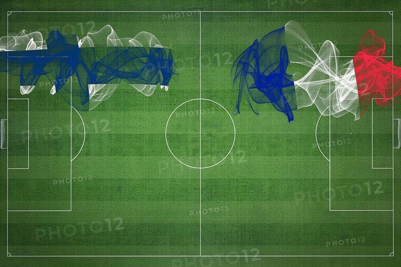 Finland vs France Soccer Match, national colors, national flags, soccer field, football game, Competition concept, Copy space