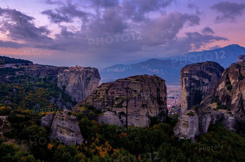 Hilltop monastery of the Holy Trinity at dawn, rocks of Meteora, Trikala, Thessaly, Greece, Europe