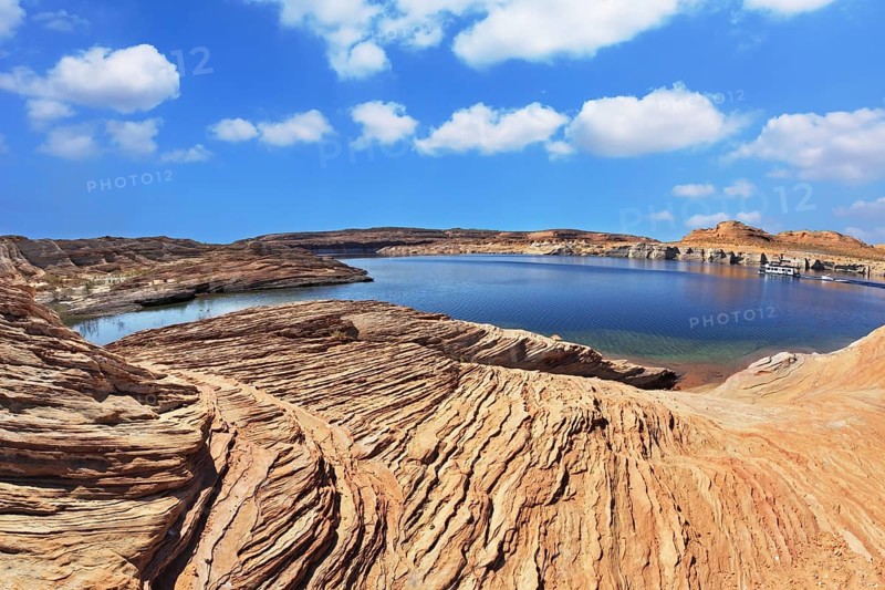 Bright blue water bay. Bottling magnificent Lake Powell photographed by Fisheye lens