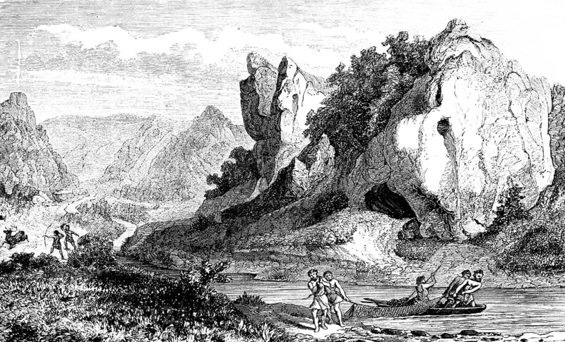 Native people hunting and fishing, cave in the Swabian Ach Valley, UNESCO World Heritage Caves and Ice Age Art of the Swabian Alb, Geopark, Ach Valley, Swabian Jura low mountain range, mountain landscape, Baden-Württemberg, history of mankind, Germany, historical illustration1880, Europe