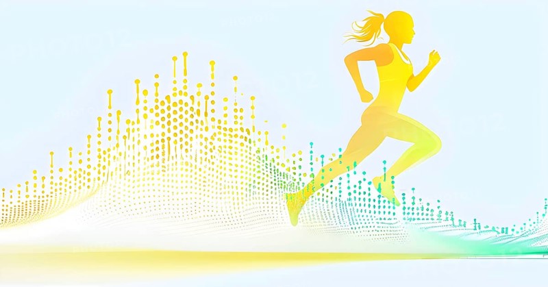 Illustration of a wave of data points shaping into a female runner silhouette, green and yellow pastel hues, conveying speed and precision guided by AI, AI generated